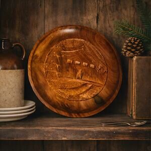 Vintage Hand Carved Wooden Wall Plate Rustic Cabin Scene Farmhouse Decor Wood
